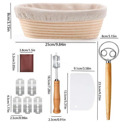 Zuurdesem Broodbakset met Ovaal Rijsmandje (25 cm) – Complete Set met Deegmes (Lame), Deegmenger en Linnen Inzethoes