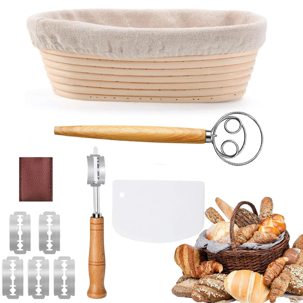 Zuurdesem Broodbakset met Ovaal Rijsmandje (25 cm) – Complete Set met Deegmes (Lame), Deegmenger en Linnen Inzethoes