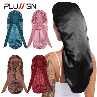 Lange Satijnen Bonnet met Lint – XL Slaapmuts voor Lang Haar & Krullen – Satijnen Hair Wrap & Haar beschermkap – Egalen Kleur