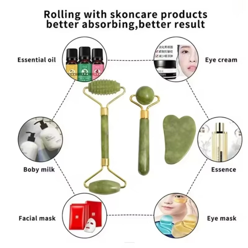 Natuurlijke Jade Roller & Gua Sha Set – Gezichtsmassager & Schraper – Anti-Rimpel & Gezichtslifting Tool – Groene Jade Steen voor Beauty & Skin Care