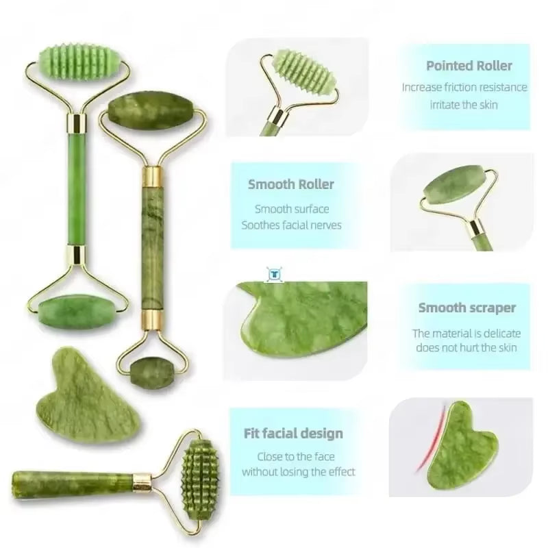 Natuurlijke Jade Roller & Gua Sha Set – Gezichtsmassager & Schraper – Anti-Rimpel & Gezichtslifting Tool – Groene Jade Steen voor Beauty & Skin Care