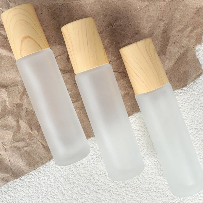 Matglazen Rollerflesjes 5 ml / 10 ml – Roll-on Flesjes voor Etherische Olie met Houtlook Dop en RVS Rollerbal