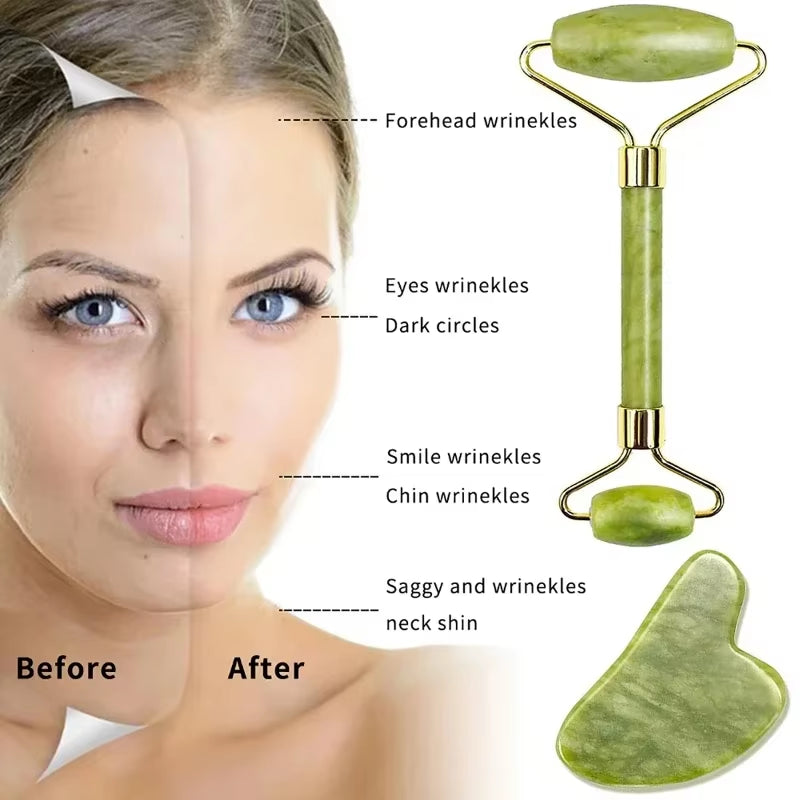 Natuurlijke Jade Roller & Gua Sha Set – Gezichtsmassager & Schraper – Anti-Rimpel & Gezichtslifting Tool – Groene Jade Steen voor Beauty & Skin Care