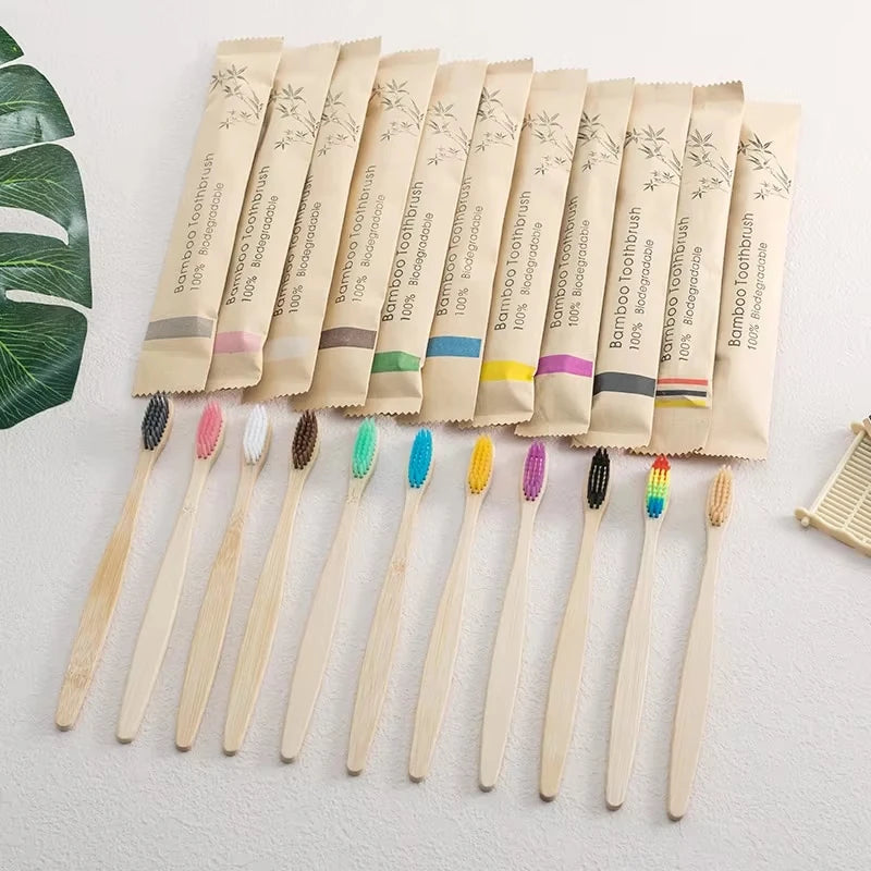 Bamboe Tandenborstels Set (10 Stuks) – Individueel Verpakt in Papier – Natuurlijke & Milieuvriendelijke Houten Tandenborstels