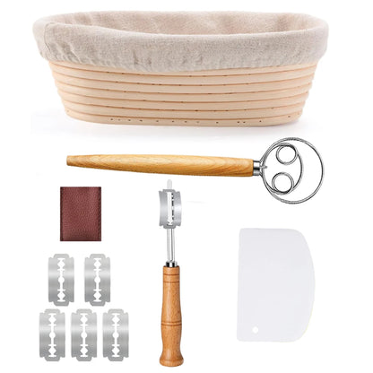 Zuurdesem Broodbakset met Ovaal Rijsmandje (25 cm) – Complete Set met Deegmes (Lame), Deegmenger en Linnen Inzethoes