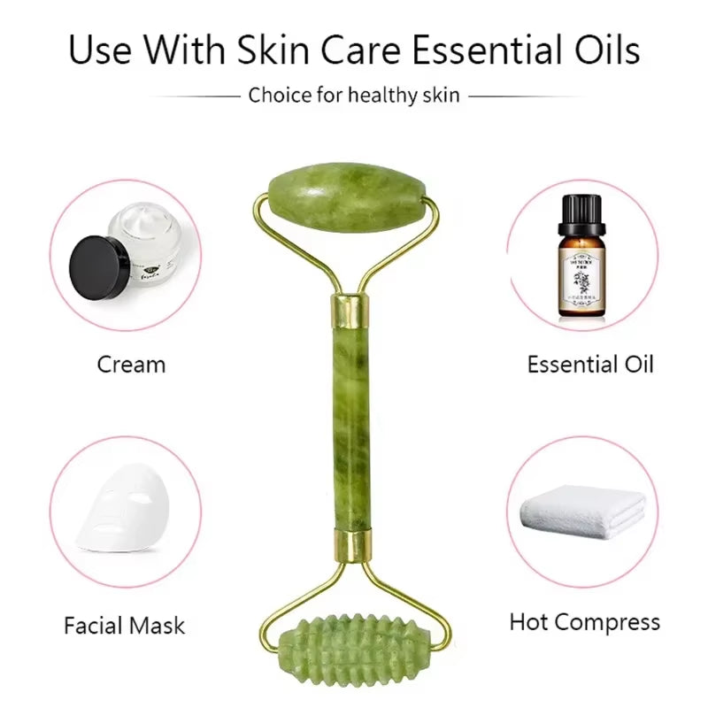 Natuurlijke Jade Roller & Gua Sha Set – Gezichtsmassager & Schraper – Anti-Rimpel & Gezichtslifting Tool – Groene Jade Steen voor Beauty & Skin Care