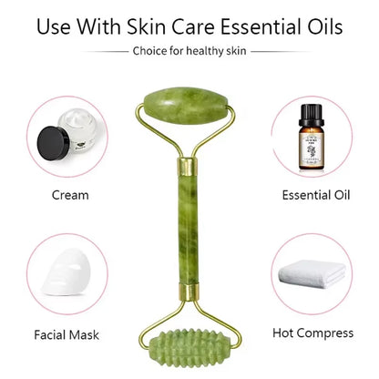 Natuurlijke Jade Roller & Gua Sha Set – Gezichtsmassager & Schraper – Anti-Rimpel & Gezichtslifting Tool – Groene Jade Steen voor Beauty & Skin Care