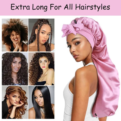 Lange Satijnen Bonnet met Lint – XL Slaapmuts voor Lang Haar & Krullen – Satijnen Hair Wrap & Haar beschermkap – Egalen Kleur