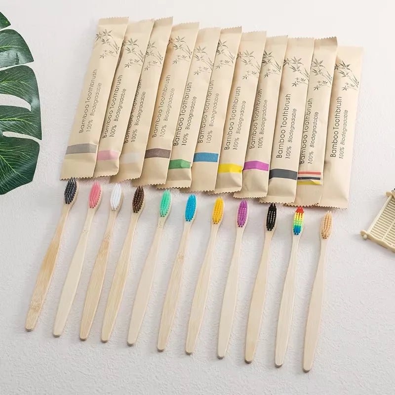 Bamboe Tandenborstels Set (10 Stuks) – Individueel Verpakt in Papier – Natuurlijke & Milieuvriendelijke Houten Tandenborstels