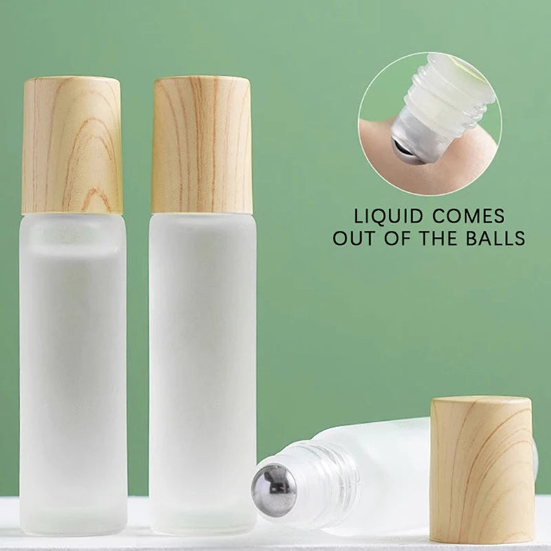 Matglazen Rollerflesjes 5 ml / 10 ml – Roll-on Flesjes voor Etherische Olie met Houtlook Dop en RVS Rollerbal