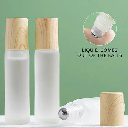 Matglazen Rollerflesjes 5 ml / 10 ml – Roll-on Flesjes voor Etherische Olie met Houtlook Dop en RVS Rollerbal