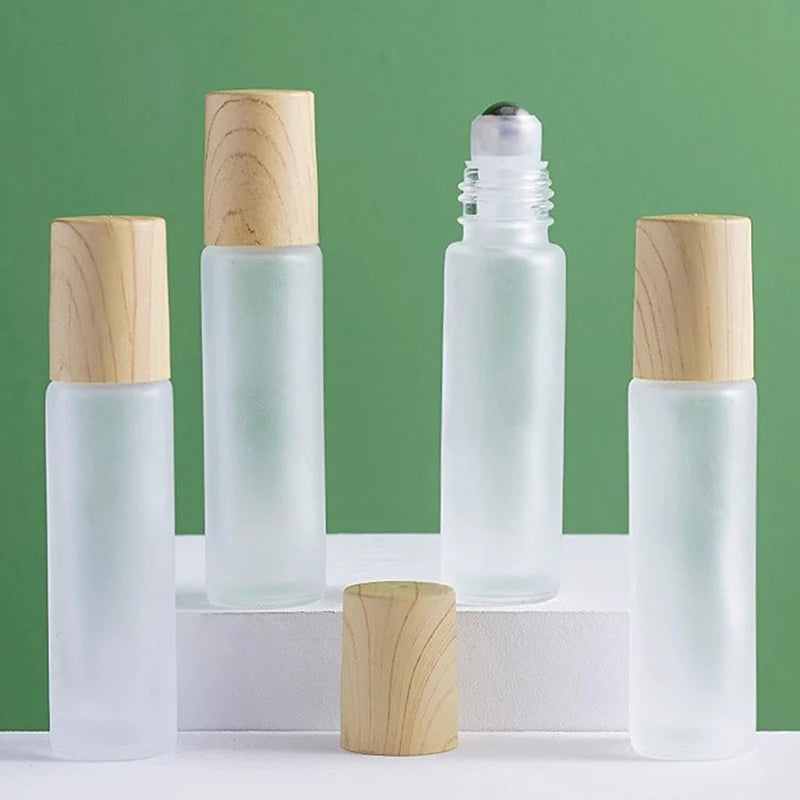 Matglazen Rollerflesjes 5 ml / 10 ml – Roll-on Flesjes voor Etherische Olie met Houtlook Dop en RVS Rollerbal