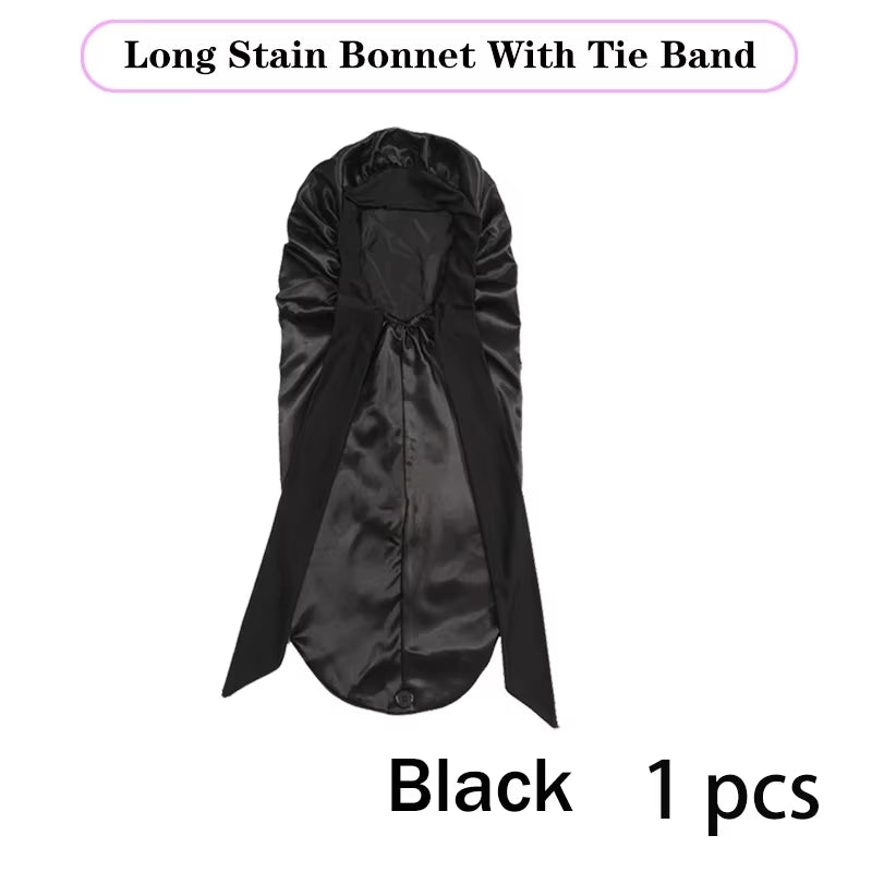 Lange Satijnen Bonnet met Lint – XL Slaapmuts voor Lang Haar & Krullen – Satijnen Hair Wrap & Haar beschermkap – Egalen Kleur