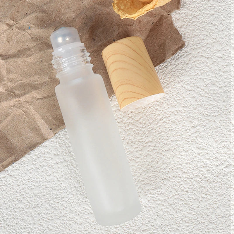 Matglazen Rollerflesjes 5 ml / 10 ml – Roll-on Flesjes voor Etherische Olie met Houtlook Dop en RVS Rollerbal