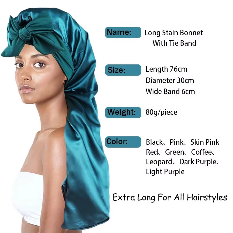 Lange Satijnen Bonnet met Lint – XL Slaapmuts voor Lang Haar & Krullen – Satijnen Hair Wrap & Haar beschermkap – Egalen Kleur