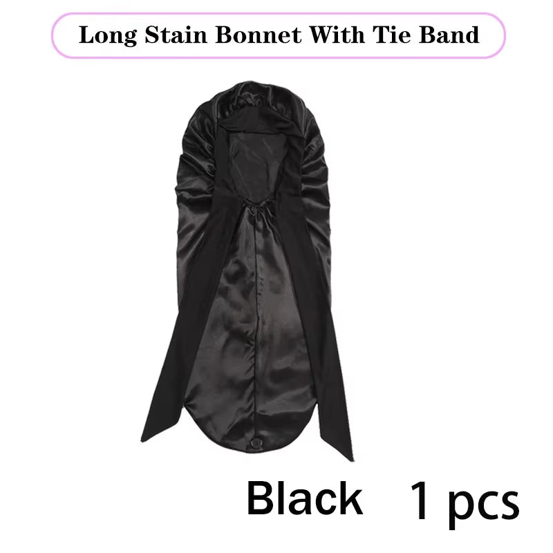 Lange Satijnen Bonnet met Lint – XL Slaapmuts voor Lang Haar & Krullen – Satijnen Hair Wrap & Haar beschermkap – Egalen Kleur
