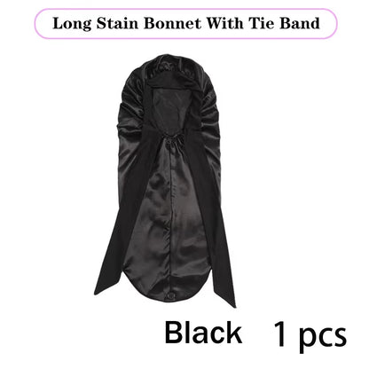 Lange Satijnen Bonnet met Lint – XL Slaapmuts voor Lang Haar & Krullen – Satijnen Hair Wrap & Haar beschermkap – Egalen Kleur