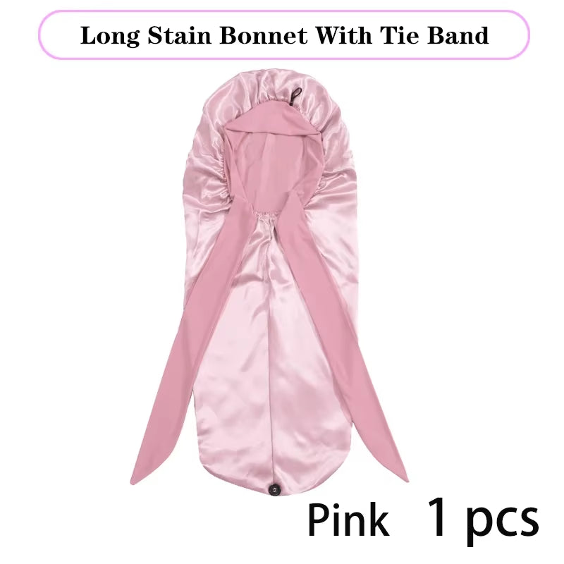 Lange Satijnen Bonnet met Lint – XL Slaapmuts voor Lang Haar & Krullen – Satijnen Hair Wrap & Haar beschermkap – Egalen Kleur
