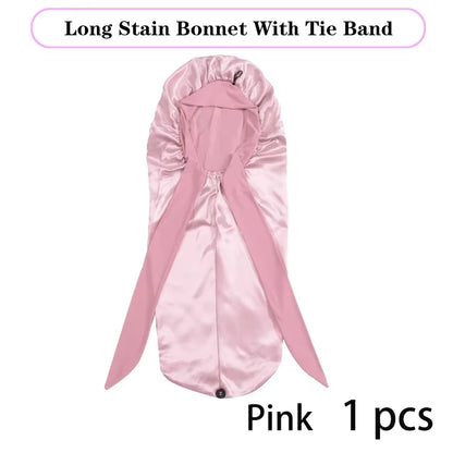 Lange Satijnen Bonnet met Lint – XL Slaapmuts voor Lang Haar & Krullen – Satijnen Hair Wrap & Haar beschermkap – Egalen Kleur