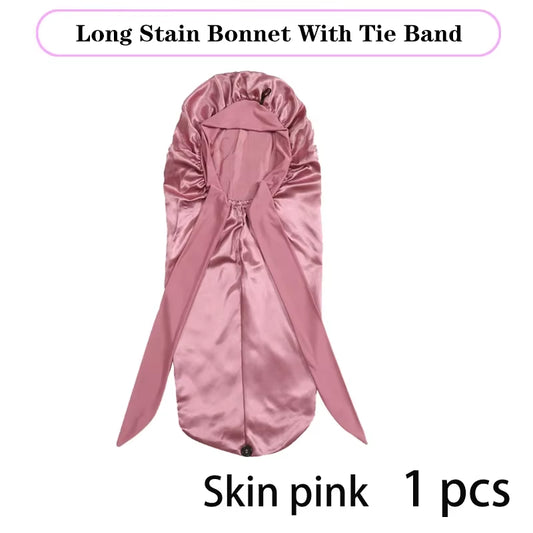 Lange Satijnen Bonnet met Lint – XL Slaapmuts voor Lang Haar & Krullen – Satijnen Hair Wrap & Haar beschermkap – Egalen Kleur