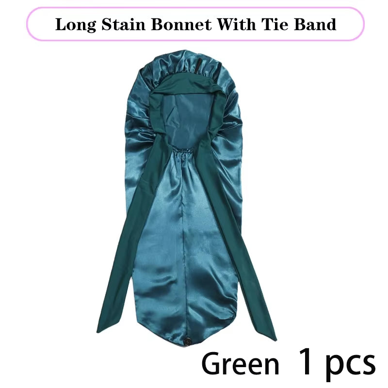 Lange Satijnen Bonnet met Lint – XL Slaapmuts voor Lang Haar & Krullen – Satijnen Hair Wrap & Haar beschermkap – Egalen Kleur