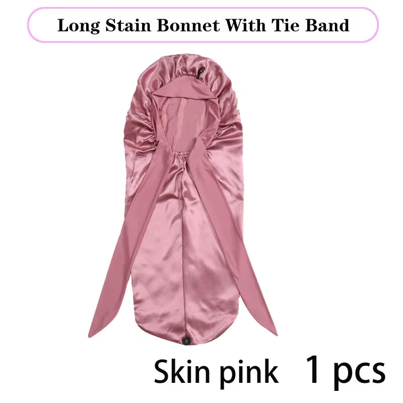 Lange Satijnen Bonnet met Lint – XL Slaapmuts voor Lang Haar & Krullen – Satijnen Hair Wrap & Haar beschermkap – Egalen Kleur