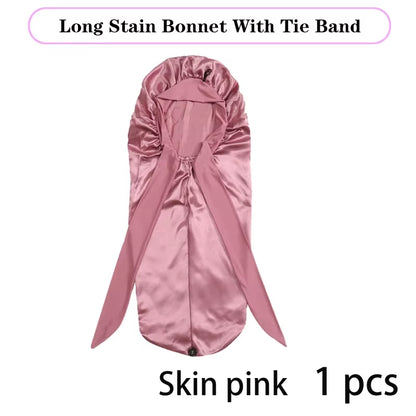 Lange Satijnen Bonnet met Lint – XL Slaapmuts voor Lang Haar & Krullen – Satijnen Hair Wrap & Haar beschermkap – Egalen Kleur