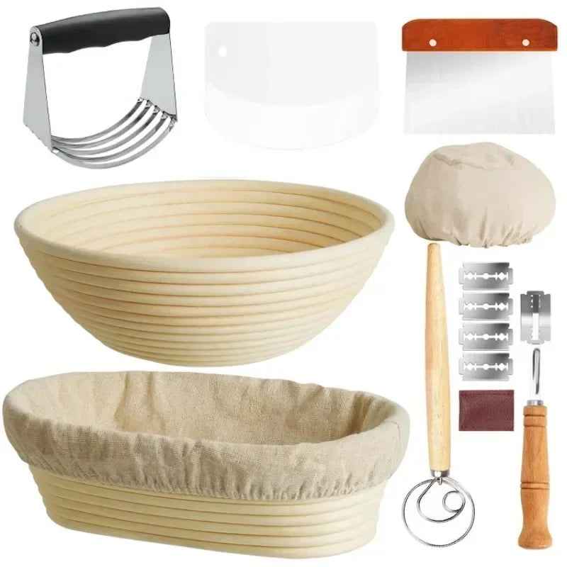 Zuurdesem Startpakket met Rond Rijsmandje – Complete Broodbakset met Deegschraper, Deegmenger, Deegmes (Lame) en Broodgerei